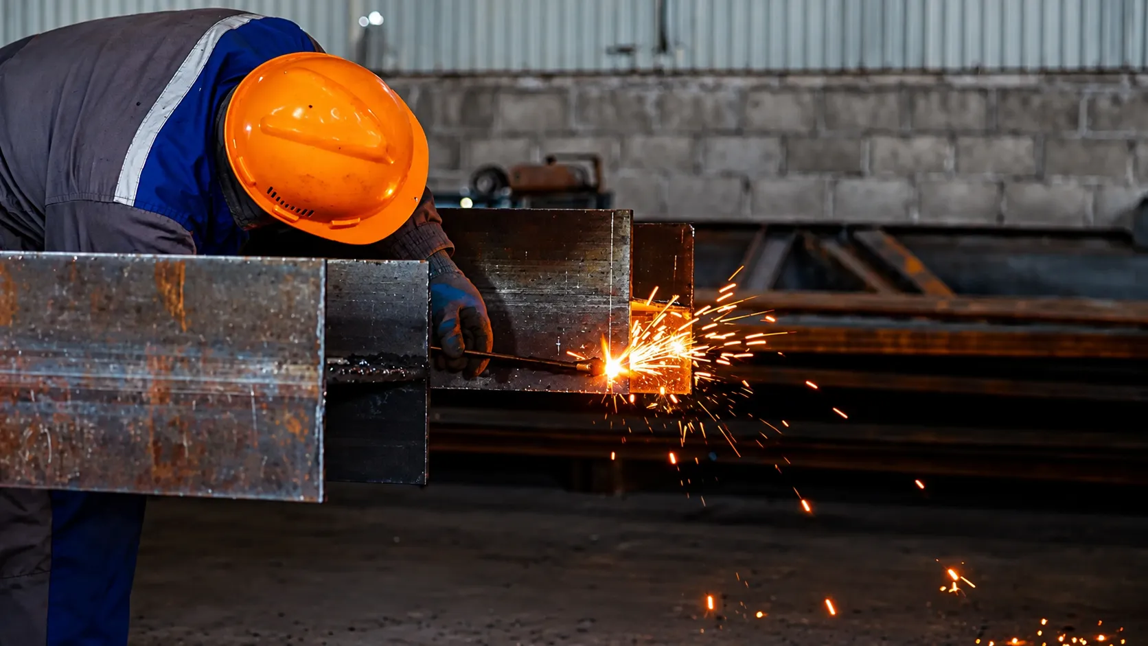 Fabricator grinding a steel section